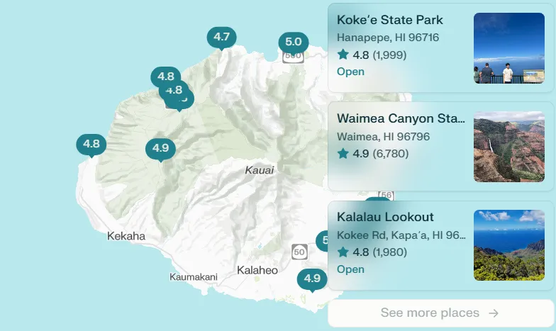 Interactive Kauai Map - Click to explore 15+ destinations with photos and reviews
