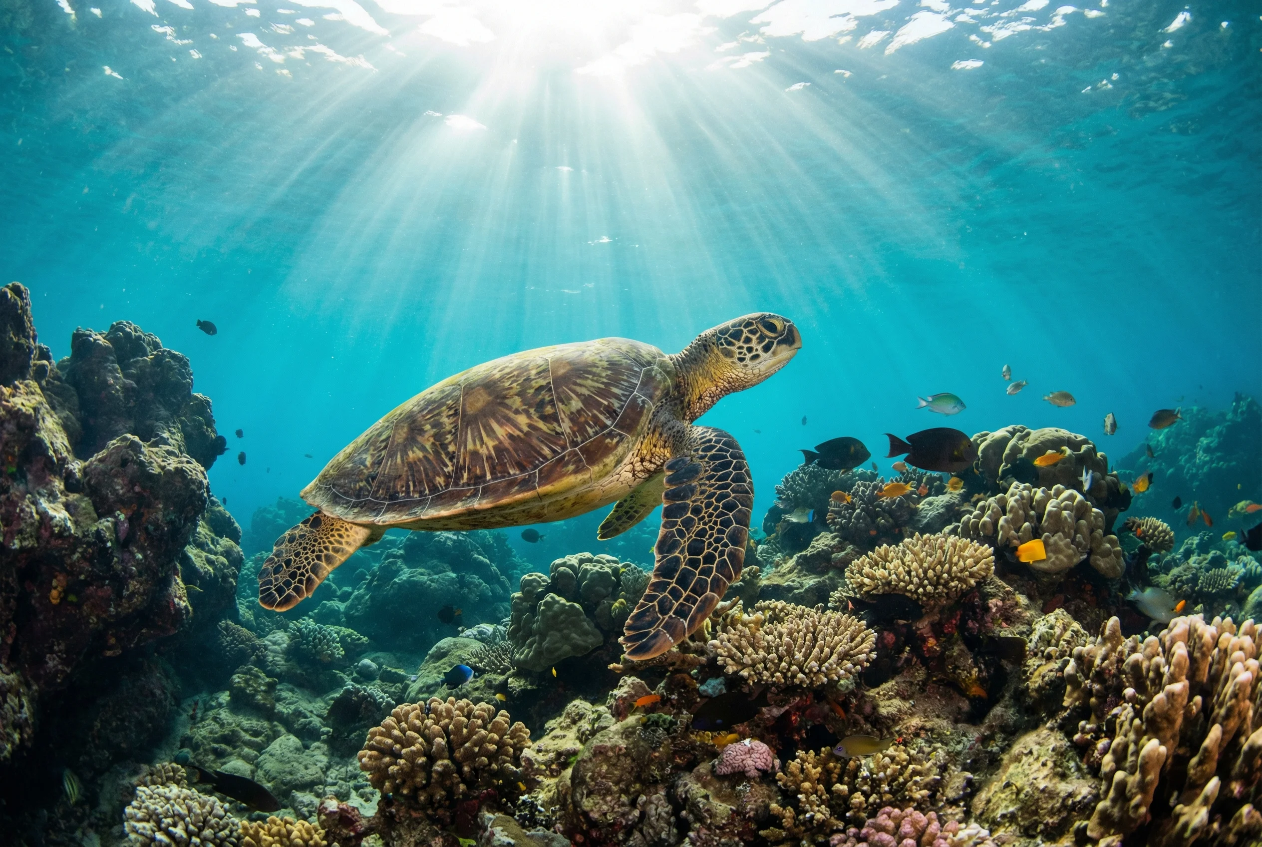 Green Sea Turtles (Honu) Snorkeling at Tunnels Beach Kauai