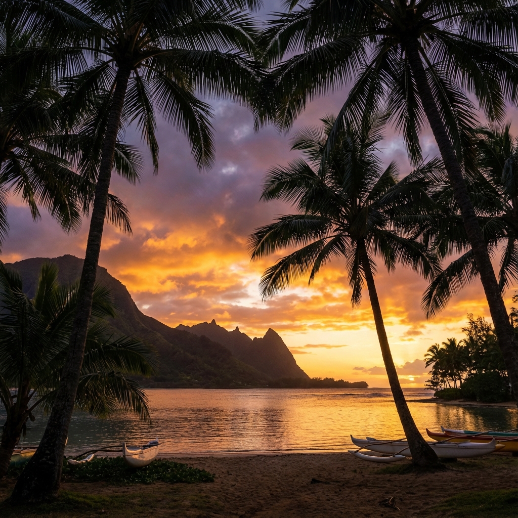 Tunnel Beach Kauai Sunset - Golden Hour through Palm Trees
