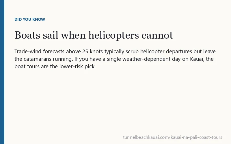 Boats sail when helicopters cannot: Trade-wind forecasts above 25 knots typically scrub helicopter departures but leave the catamarans running.