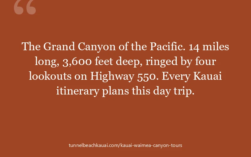 The Grand Canyon of the Pacific. 14 miles long, 3,600 feet deep, ringed by four lookouts on Highway 550. Every Kauai itinerary plans this day trip.