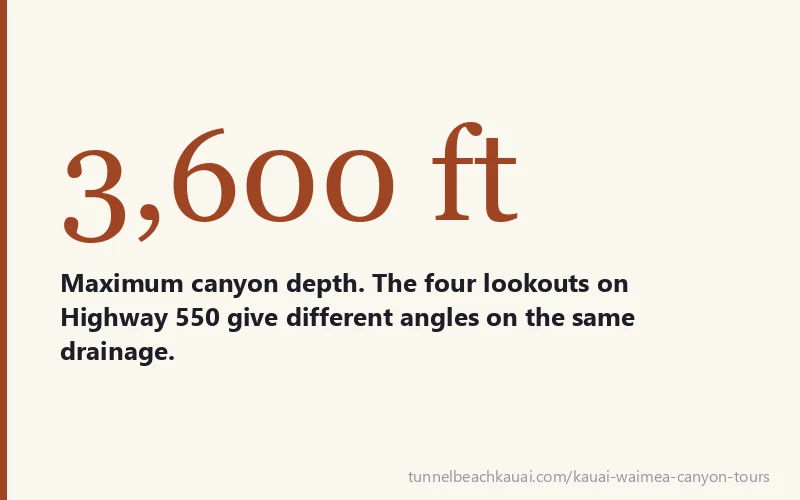 3,600 ft - Maximum canyon depth. The four lookouts on Highway 550 give different angles on the same drainage.